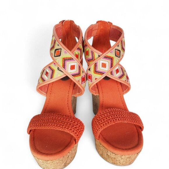 The Sak Criss Cross Wedge Ankle Sandals "Bright Orange Aztec Print" Women's 8 - Picture 3 of 11